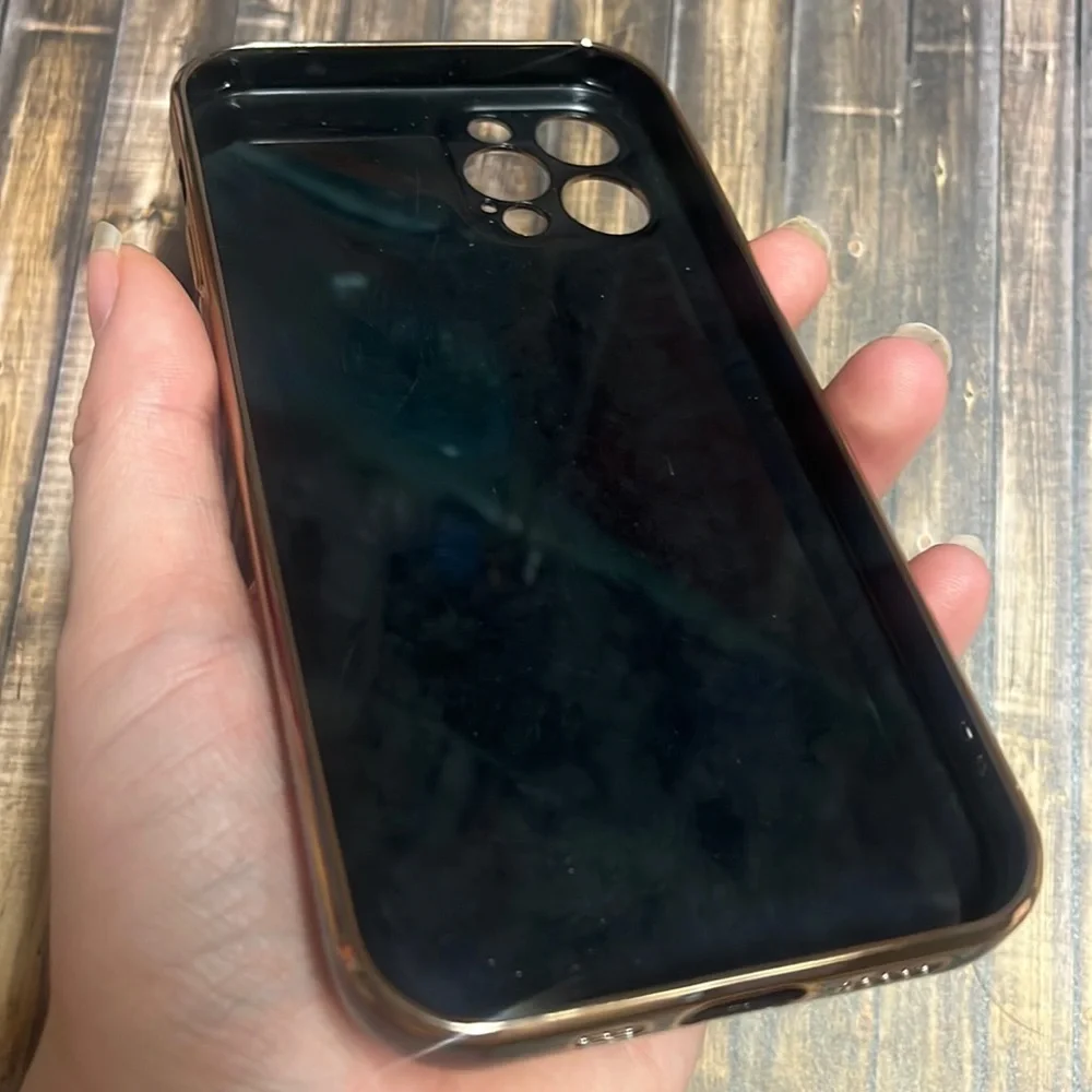 5for$10 Glossy iPhone 12 Silicone Black Phone Case With Gold Trim and Heart